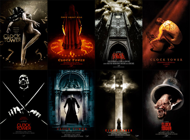 M&uacute;ltiples carteles promo de la versi&oacute;n cinematogr&aacute;fica de Clock Tower
