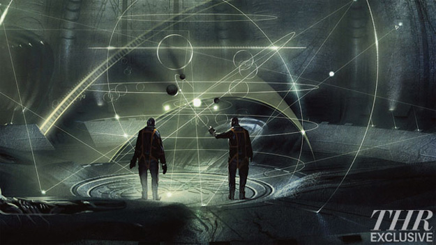 Concept art de la escena en la que los astronautas entra en la sala del mapa de la galaxia