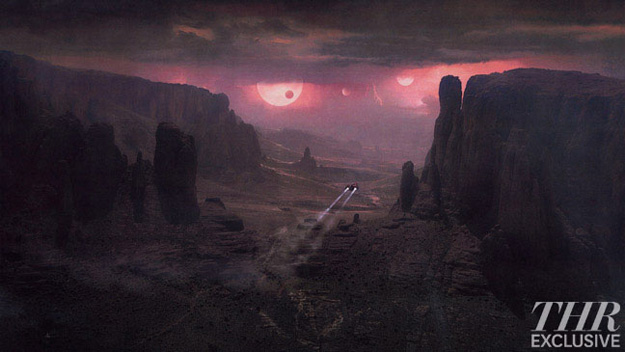 Concept art de la llegada de la Prometheus al misterioso planeta