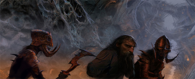 Enano escoltado por soldados del Rey Trasgo en las cuevas de este, obra de John Howe