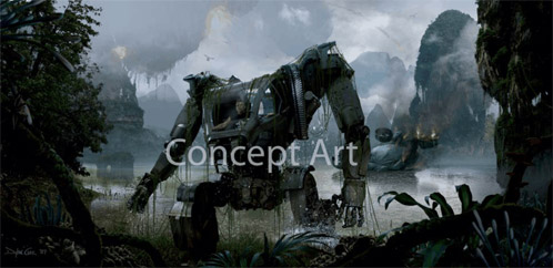 Arte conceptual de un power suit de Avatar. El entorno es Pandora