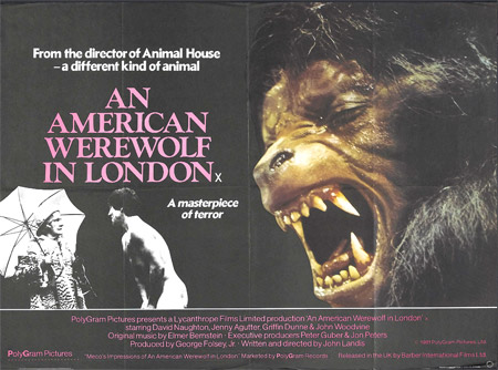 P&oacute;ster brit&aacute;nico de "Un hombre lobo americano en Londres"