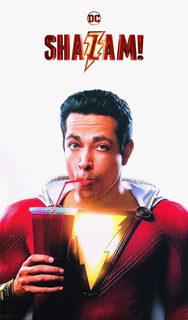 Zachary Levi disfrutando de un bebercio en el futuro nuevo cartel de Shazam!