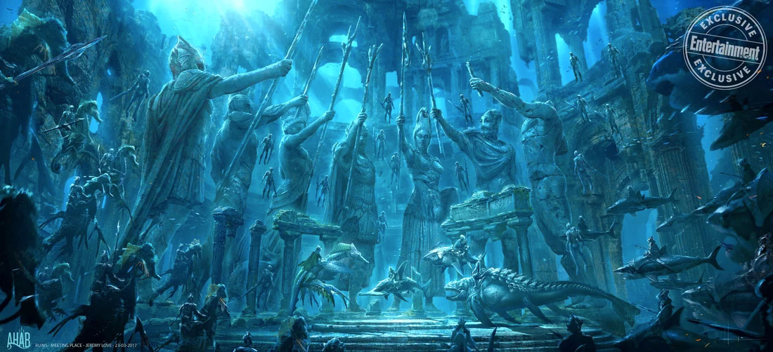 El concilio de los Reyes en Aquaman, tiburones blancos vs. caballitos del diablo gigantes... formato concept art